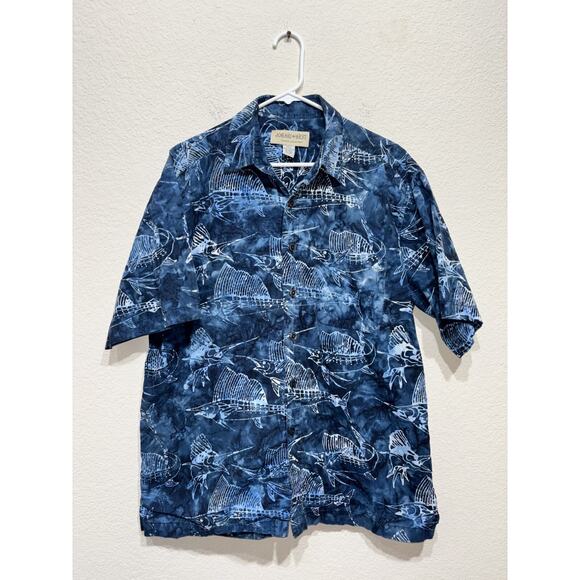 Johari West Shirt Mens Blue Casual Button Up Short Sleeve Large Swordfish Print - Picture 1 of 6